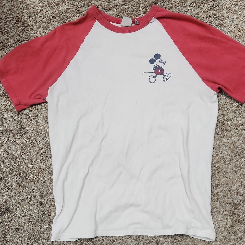 Retro Junk Food Mickey Mouse Shirt ◇ Red and White ◇ Mens MEDIUM Raglan T-Shirt
